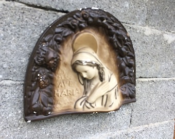 Ave Maria Plaster Wall Sculpture, French Antique Mother Mary Wall Hanging, Found And Flogged