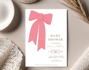 Invitación para baby shower con lazo rosa