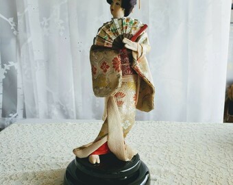 Japanese Geisha Black Kimono and Obi Sash on a Wooden Base Lucky Charm Figurine Vintage Souvenir Doll from Japan