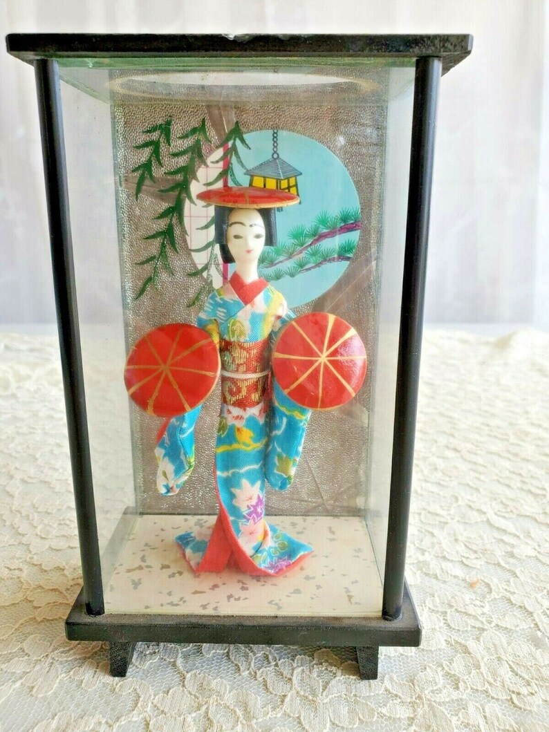 OMC Japan Mini Geisha Doll Kimono Glass Display Case Otagiri Etsy