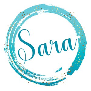 May include: A teal blue circle with a white background and gold glitter. The word "Sara" is written in a cursive font in the center of the circle.