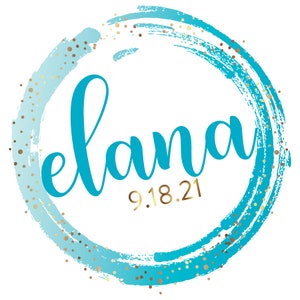 May include: A blue and gold circle with a brushstroke design and gold glitter. The text "elana" is written in blue cursive script inside the circle. The date "9.18.21" is written in gold below the name.