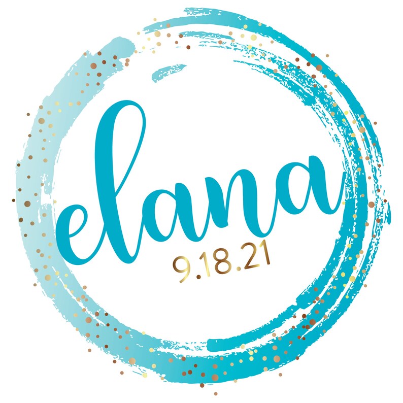 May include: A blue and gold circle with a brushstroke design and gold glitter. The text "elana" is written in blue cursive script inside the circle. The date "9.18.21" is written in gold below the name.