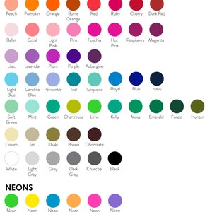 May include: A chart of ink colors with names for each color, including butter, light yellow, yellow gold, mustard, peach, pumpkin, orange, burnt orange, red, ruby, cherry, dark red, ballet, coral, light pink, pink, fuschia, hot pink, raspberry, magenta, lilac, lavendar, plum, purple, aubergine, light blue, carolina blue, periwinkle, teal, turquoise, royal blue, blue, navy, soft green, mint, green, chartreuse, lime, kelly, moss, emerald, forest, hunter, cream, tan, khaki, brown, chocolate, white, light grey, grey, dark grey, charcoal, black.  The chart also includes a section for neon colors and metallic colors.