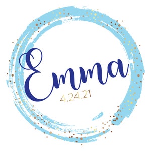 May include: A blue and gold circle with a white background. The circle has a brushstroke effect and gold glitter. The name "Emma" is written in blue cursive inside the circle, with the date "4.24.21" written in gold below it.