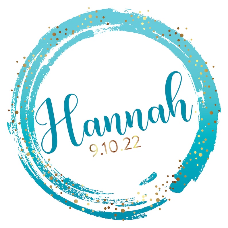 May include: A blue and gold circle with the name "Hannah" and the date "9.10.22" written in gold.