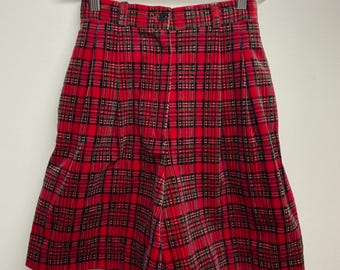 Retro 80er Jahre Carroll Reed 100% Baumwolle Roter Samt Karo Hoch taillierte Shorts Extra Klein