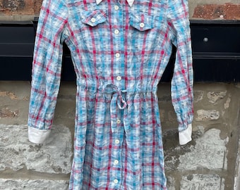 Vintage 70er 80er Jahre Kelly Arden Stretchy Frühling Kariertes Shirt Kleid Spitze Weiß Kragen Small Medium