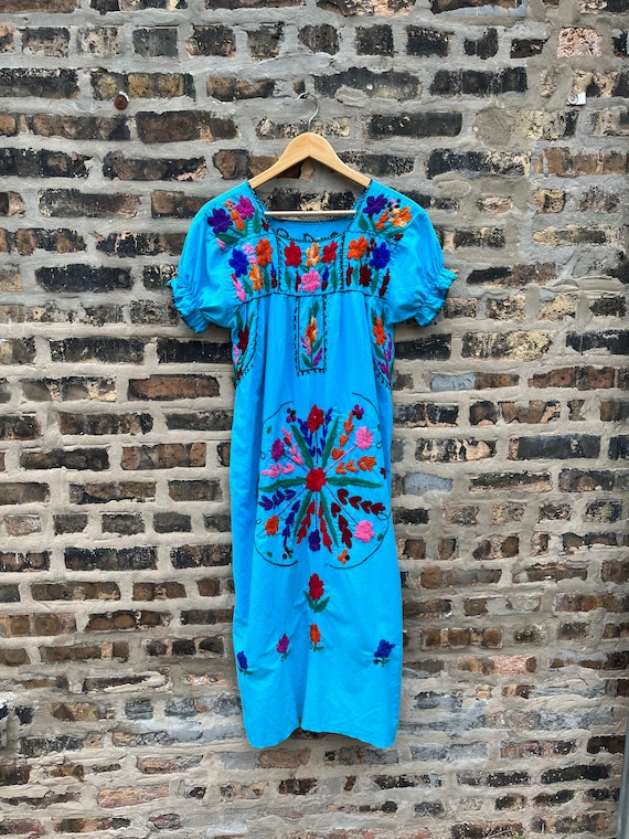 VINTAGE 60s Peasant Dress Floral Embroidered Turqu