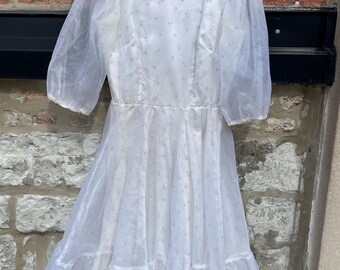 Vintage 70er 80er Jahre Square Dance Dress Co. Sheer Ärmels Blaues Herz Blumen Rüschen & Spitze Tellerrock 10 Medium