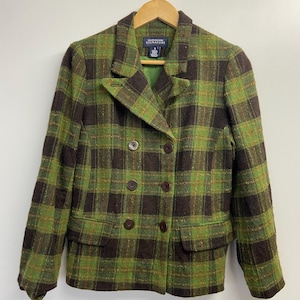 Retro 90s Y2K Clueless Jones New York Signature Green Brown Plaid Wool Jacket Blazer Small Medium