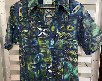 Vintage 60er 70er Jahre Kona Kai Jantzen Hawaiian Casuals Tiki Button Up Kurzarm Blau Grün Shirt