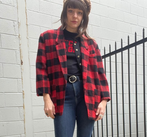 Retro 80s Police Buffalo Plaid Blazer Red Black M… - image 1