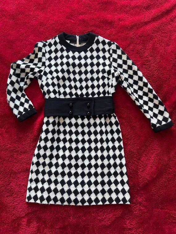 Vintage 60s R&K Originals Mod Knitted Wool Black White Diamond Belted Mini Dress Small Medium