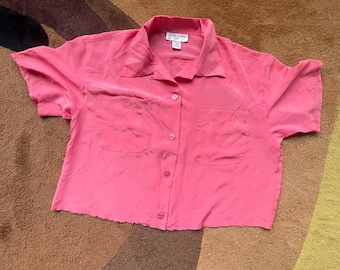 90s Casual Corner 100% Zijden Roze Boxy Cropped Blouse met Knoopsluiting en Borstzakken Medium Large
