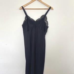 Vintage 70s 80s Slinky Satin Black Lace Slip Medium Large