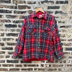 Retro 80s 90s Oakton Ltd. Quilted Flannel Button Down Red Purple Black Plaid Extra Large
