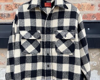 Vintage 60er 70er Jahre Sears Herren Store Kings Road Boxy Dicke Wolle Schwarz Weiß Buffalo Kariertes Kariertes Kariertes Button Up Shirt Medium Large