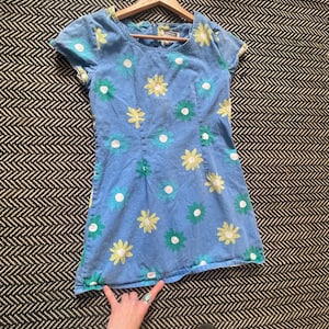 Retro 90s Y2K 100% Cotton Stretchy Blue Cap Sleeve Floral Mini Dress Small Medium
