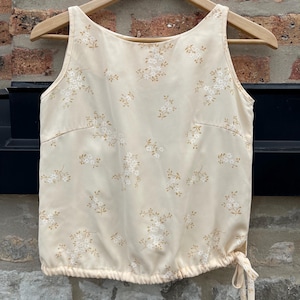 Retro 90s Cream Floral Tank Top Adjustable Tie Waist Small Medium