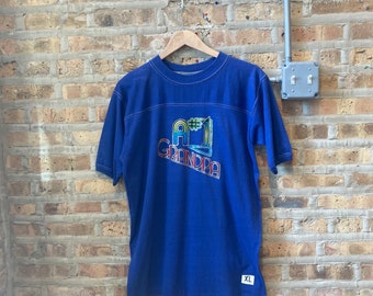 Vintage 70s 80s T Plus Blue #1 Grandpa Crew Neck Short Sleeve Contrast Stitch T-Shirt Mens Large