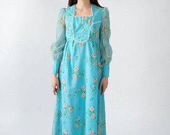 Vintage 70er Jahre JCPenney Fashions Empire Taille Boden Länge Himmelblau Prairie Floral Maxi Kleid XS