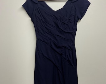 Vintage 50er Jahre Marineblau Geraffte Knielanges Kleid Flügelärmel Extra Kleines