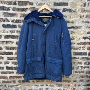 Vintage 70s 80s Sears Work ‘n Leisure Jacket Navy Blue Hooded Fuzzy Liner Utility Pockets Large