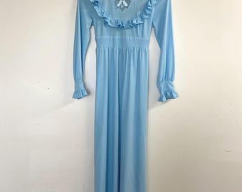 Vintage 70er Jahre High Neck Blau Rüschen Langes Kleid Romantische Vögel Bodenlang Extra Small