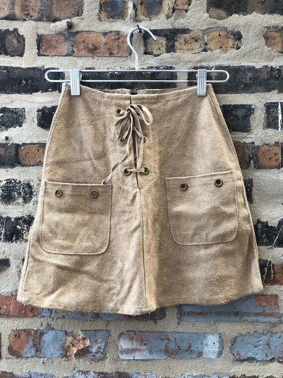 Vintage 60s 70s Suede Mini Skirt XXS Lace Up Boho