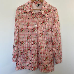 Vintage 70s Devon Floral Roses Plaid Pattern Chore Coat Pointy Collar Shirt Button Up Blouse Large