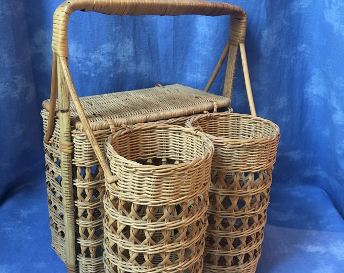 Vintage Woven Wicker Picnic Basket Wine Holders Etsy