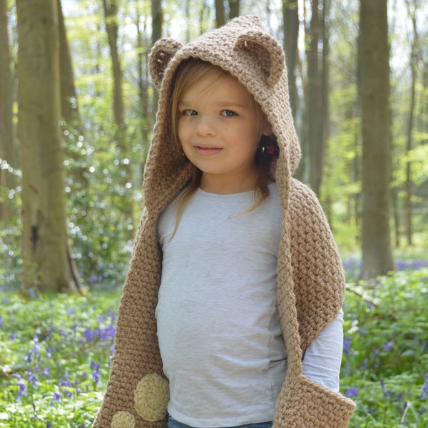 CROCHET PATTERN- The Bramble Bear Hooded Scarf (Toddler, Child, Teen, Adult sizes) -crochet hood pattern crochet scarf -Instant PDF Download