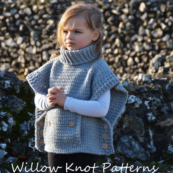 CROCHET PATTERN - The Pebble Poncho (1/2, 3/4, 5/7, 8/10, 11/13, 14/16, S/M, L/XL) - crochet pullover poncho pattern -Instant pdf Download