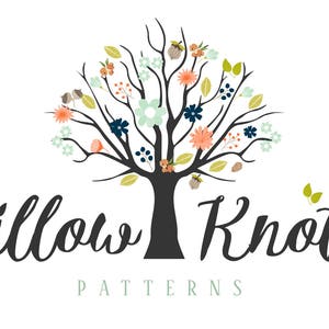 May include: A logo for a company called "Willow Knot Patterns" featuring a stylized tree with a dark gray trunk and branches. The tree is decorated with various colored flowers and leaves, including blue, green, pink, and orange.