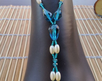 Vivid Blue Seed, & Snow White Rice Pearls and  Bright Blue Cut Crystals Barefoot Sandals