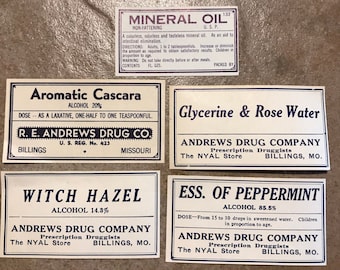 Authentic Vintage Rx Labels, with Adhesive Back:  Peppermint, Glycerine & Rose Water, Mineral Oil, Aromatic Cascara, or Witch Hazel