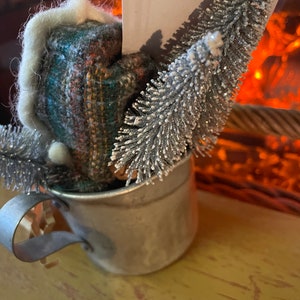 Primitive Wool Clay Snowman sitting in a Vintage Measuring Cup image 4