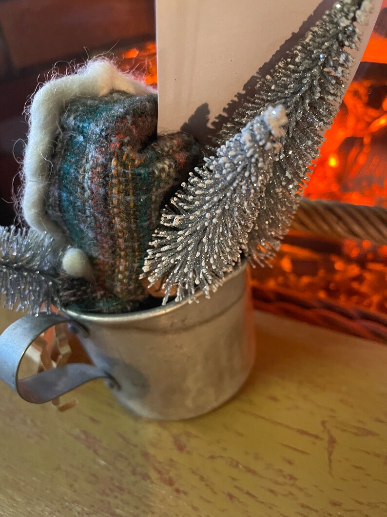 Primitive Wool Clay Snowman sitting in a Vintage Measuring Cup image 4