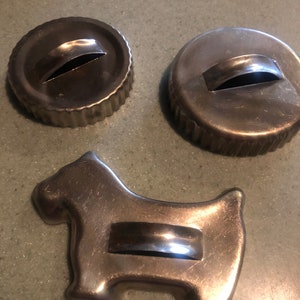 Vintage Aluminum Christmas Cookie Cutters with handles, Scottie Dog and Two Circle cutters image 1