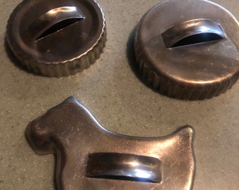 Vintage Aluminum Christmas Cookie Cutters with handles, Scottie Dog and Two Circle cutters