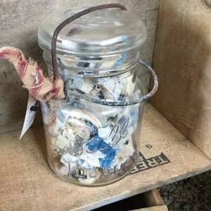 Vintage Pint Ball Canning Jar with bail, filled with vintage quilt snippets image 1