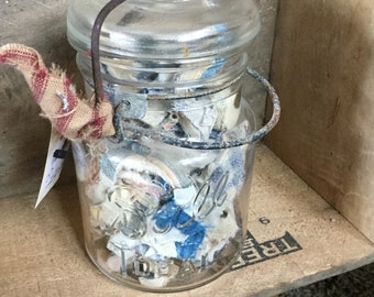 Vintage Pint Ball Canning Jar with bail, filled with vintage quilt snippets