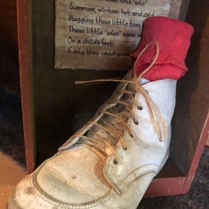 The Lost Sole Vintage Baby Shoe Vintage Wood Box Sweet Poem White with red sock