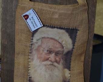 Burlap Bag with Fabric Santa Image Stitched On