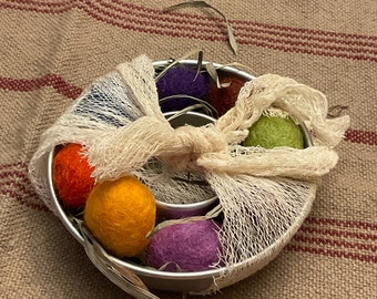 Primitive Colors 100% Felted Wool Eggs, 3/4" or 1" with krinkled kraft "grasses" in a ticking "basket"