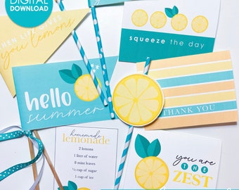 Lemons Sunshine Pack- DIGITAL DOWNLOAD | Summer Pennants, Thank You Cards