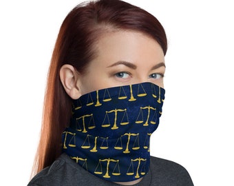 Scales of Justice Washable Face Mask Neck Gaiter | Textured Navy Background & Gold Scales Lawyer Judge Law Enforcement
