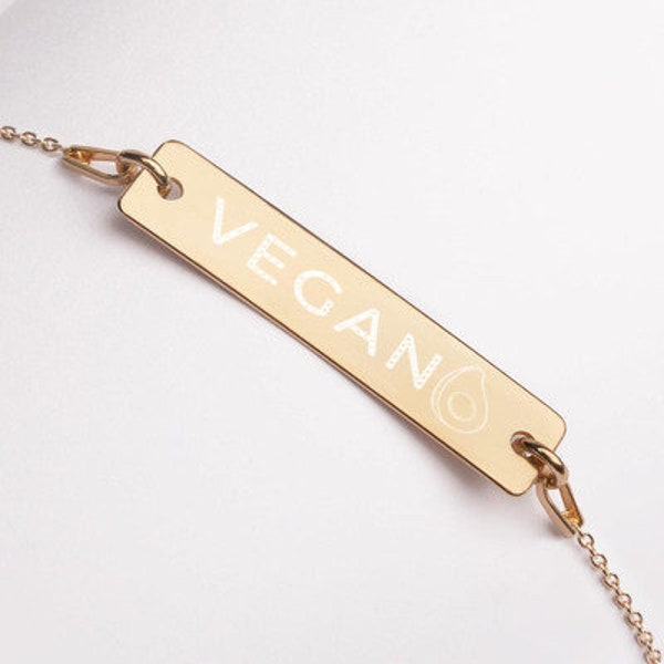 VEGAN Engraved Silver Bar Chain Bracelet with Avocado symbol in 4 finishes