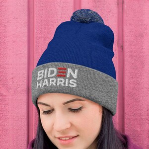 Biden Harris Embroidered Pom-Pom Beanie Knit Hat | Joe Biden for President Kamala Harris Vice VP 2024